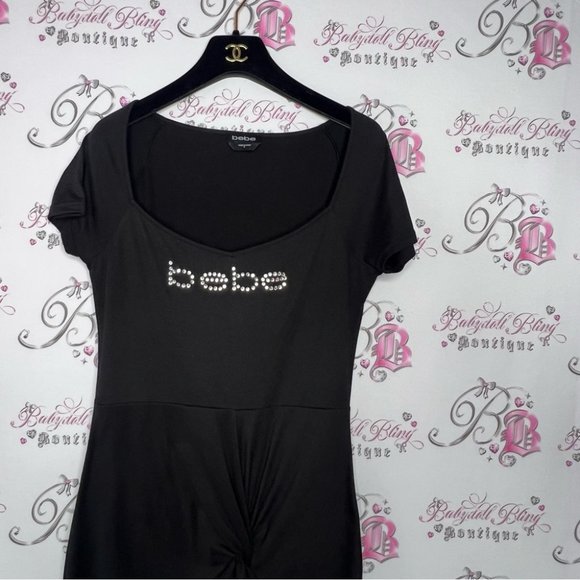 Bebe dress twist tie front tshirt black bling rhinestone Swarovski crystals y2k - Picture 2 of 6